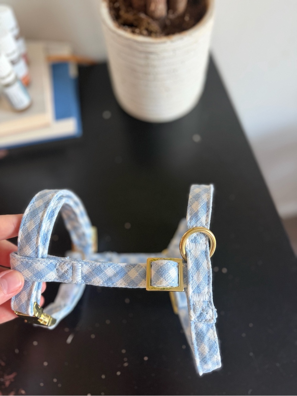 The Foggy Dog blue gingham harness Size XS